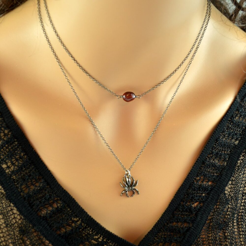 Halloween Layering Necklaces with Real Garnet Gemstone and Spider